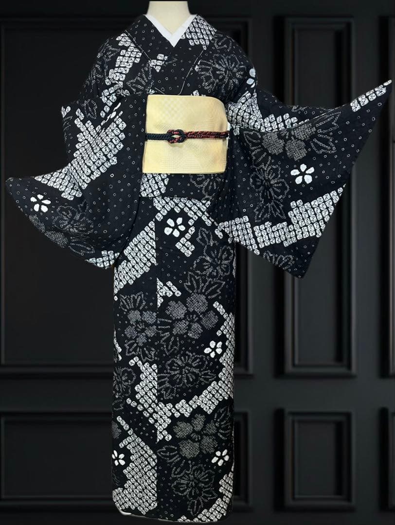 新品美品✨希少トールサイズ　有松鳴海絞り浴衣　黒
