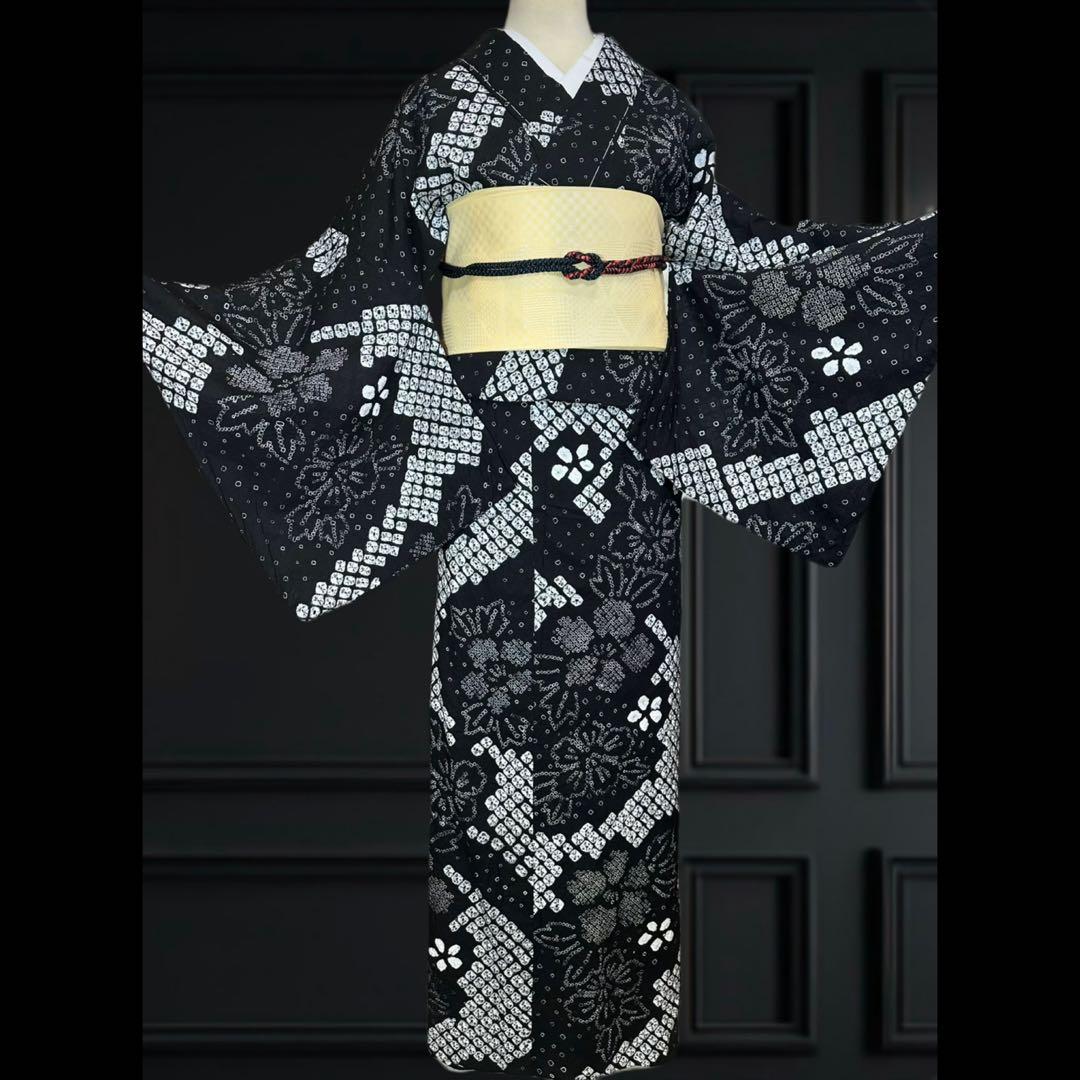 新品美品✨希少トールサイズ　有松鳴海絞り浴衣　黒
