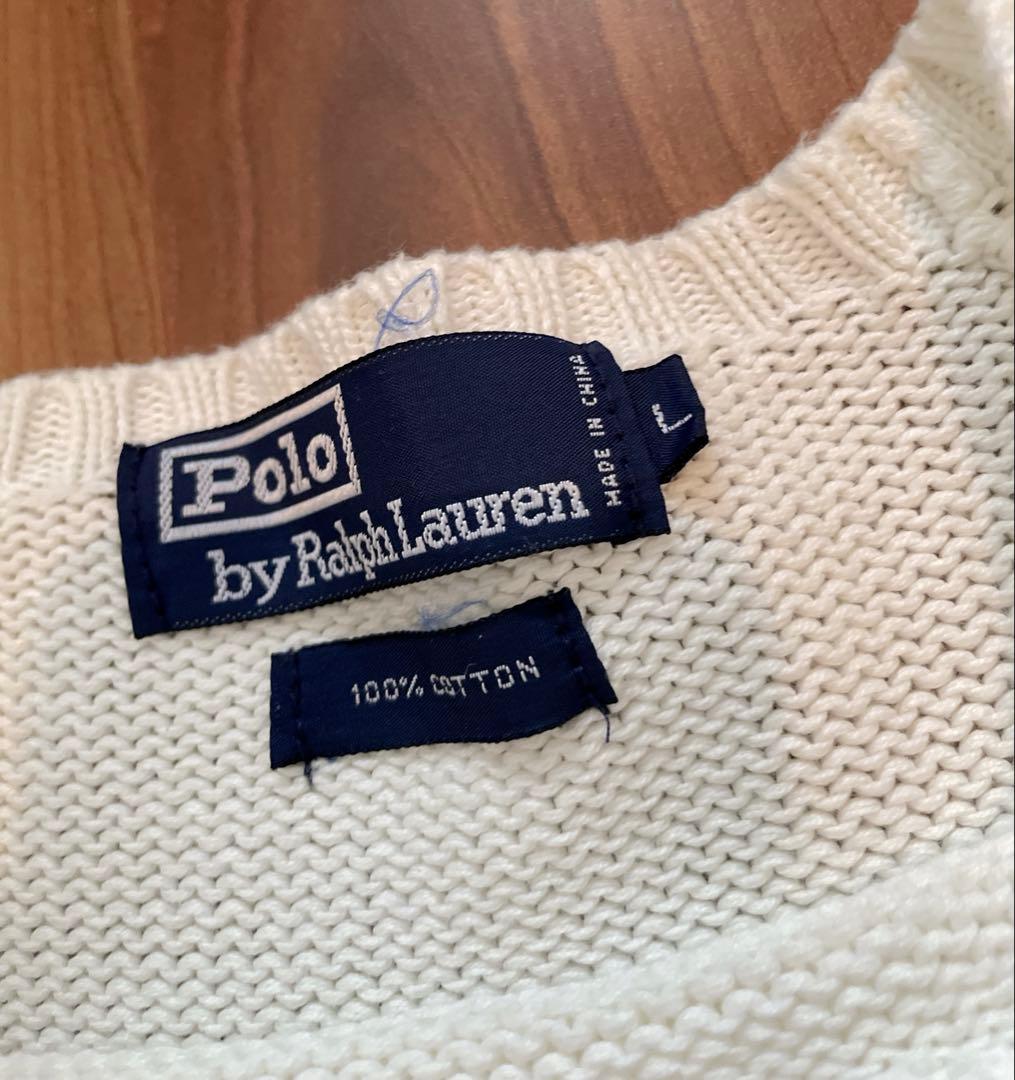 90sポロラルフローレン 刺繍ロゴ ホワイト コットンニット 正規代理タグ L