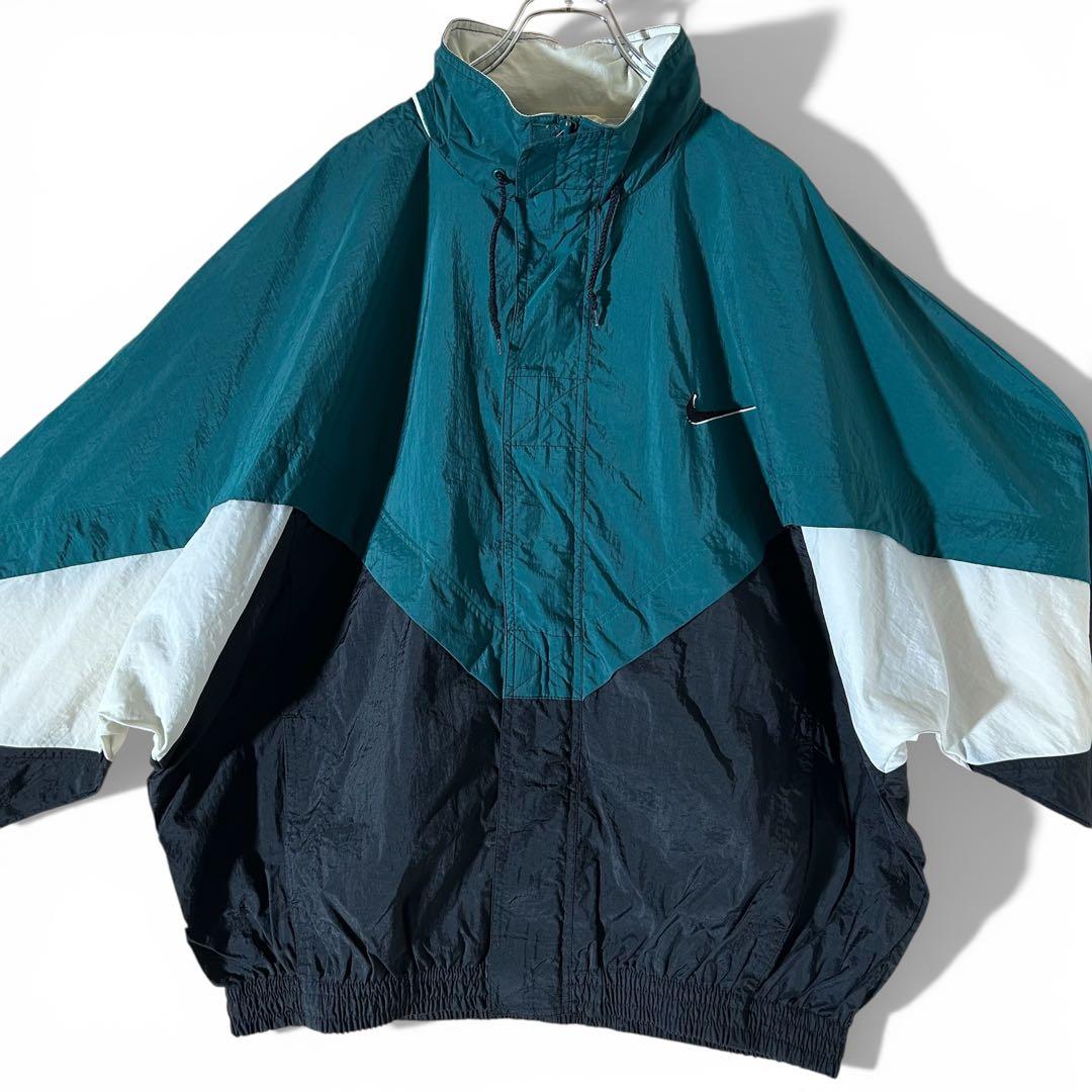 90s NIKE ナイロンジャケット スウッシュ 刺繍 XL 緑 vintage