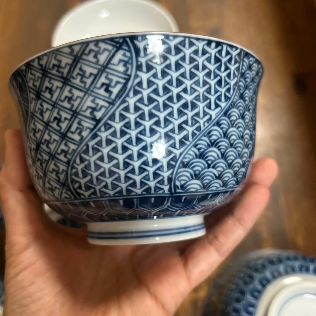 有田焼　飛鳥窯　染付祥瑞　蓋付き丼ぶり揃　5客セット　青海波　古伊万里