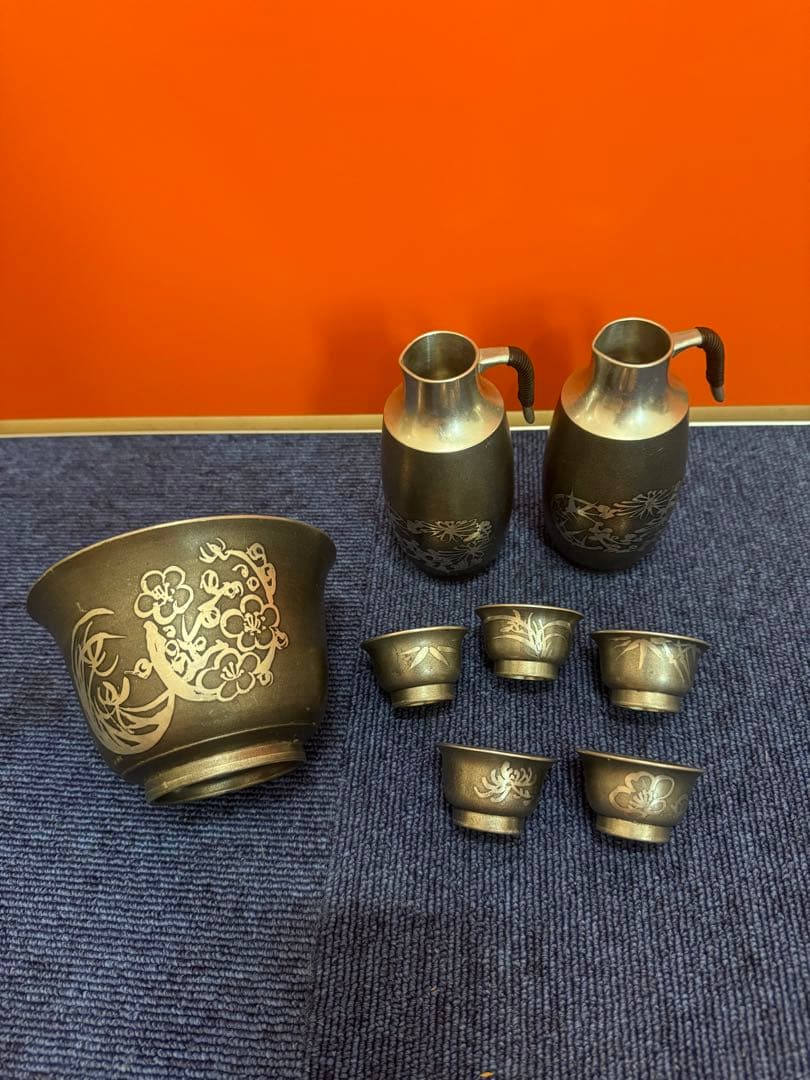 1854  本錫　酒器セット　徳利2客　猪口5客　ボウル1客