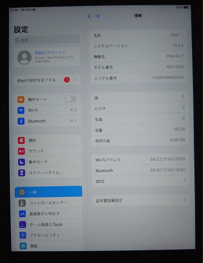 NG5VJ 完動品iPad Air2(A1566)本体16GBグレイ送料込