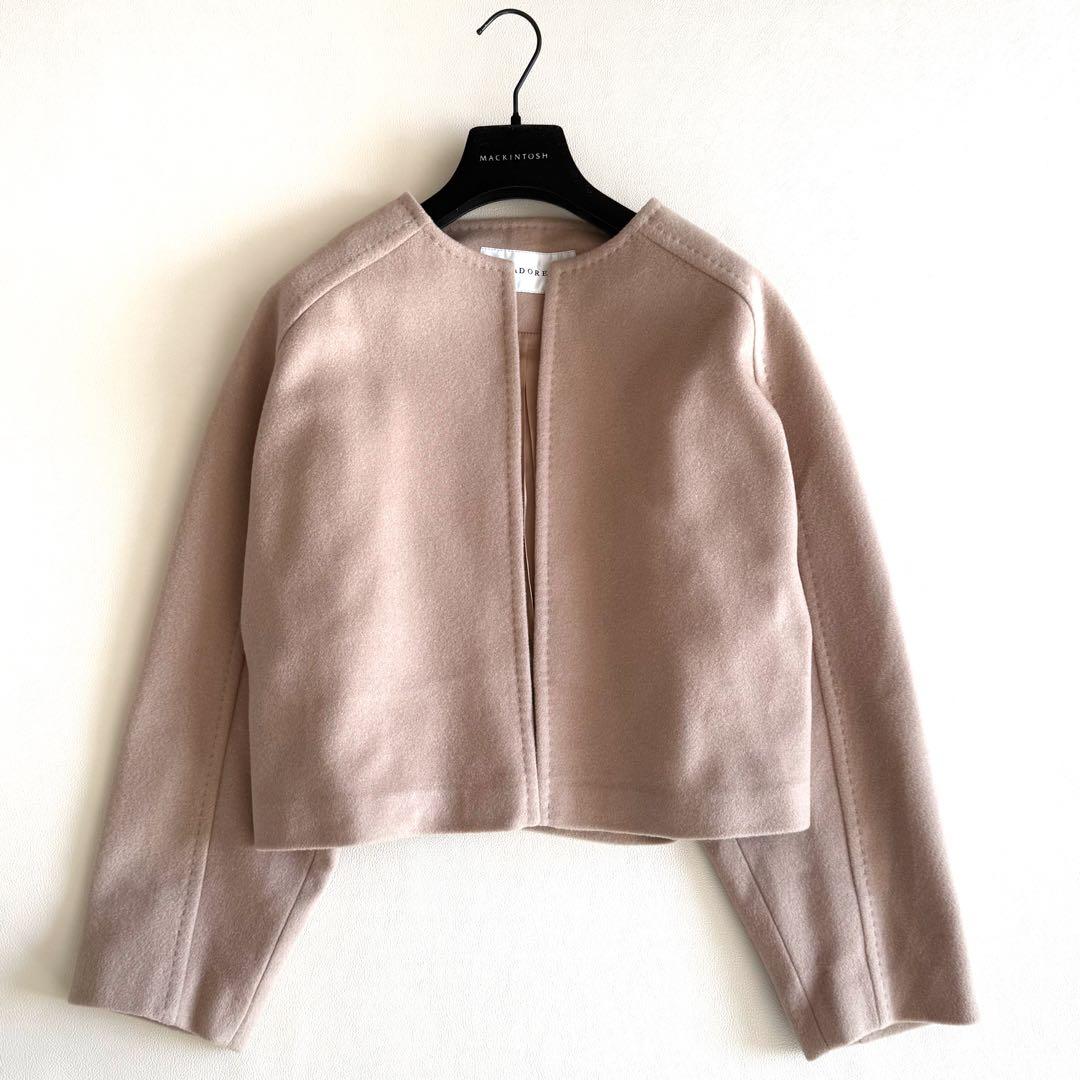 美品　アドーア　ソフトメルトンノーカラージャケット　ベージュ　38