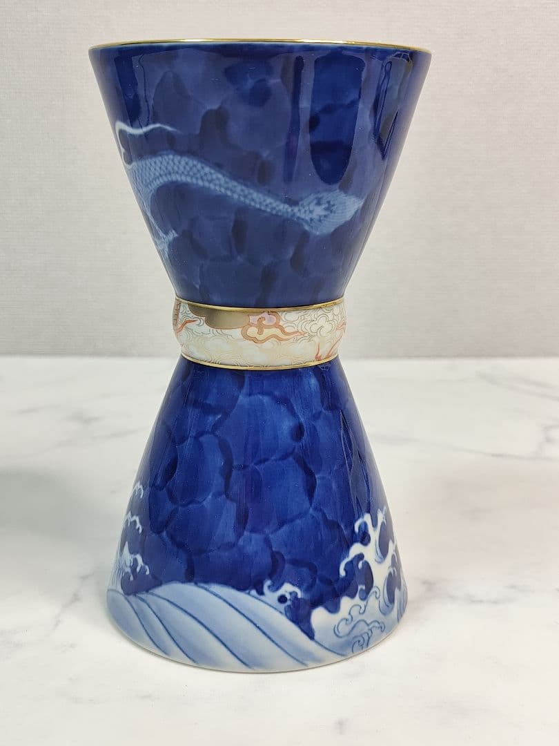 [希少] 宮内庁御用達 深川製磁 染付龍 鼓型 花瓶 金彩 龍