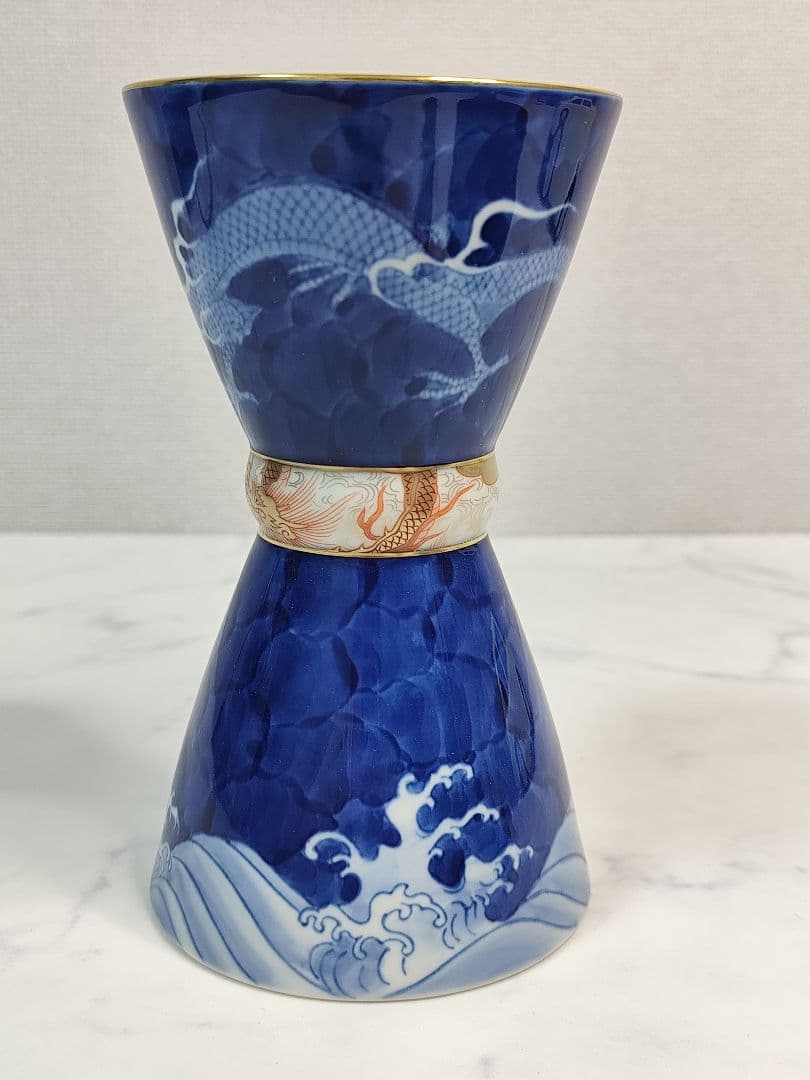[希少] 宮内庁御用達 深川製磁 染付龍 鼓型 花瓶 金彩 龍