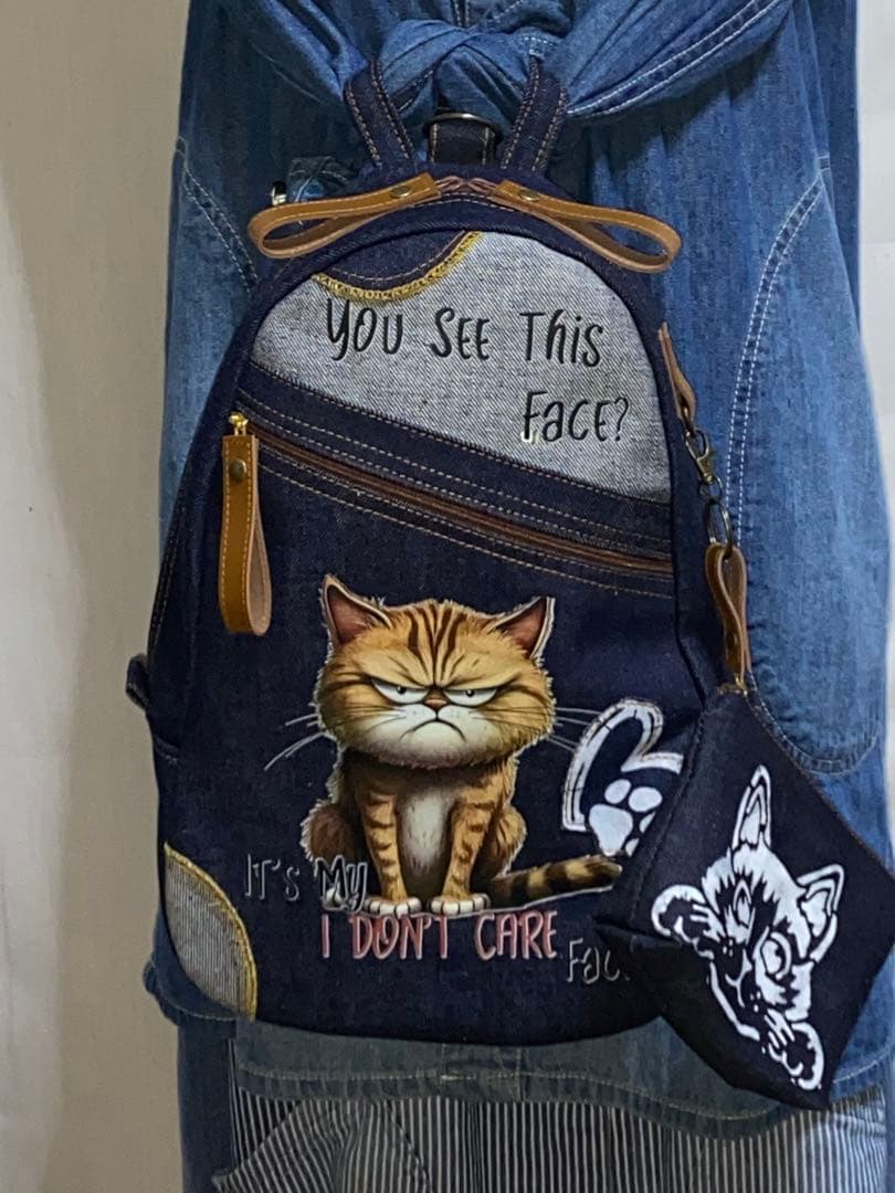 男女兼用☆岡山デニム♪ステンシル☆トラネコ♪リュックorワンショルダーバッグ