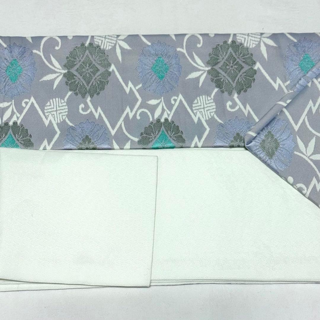 【名古屋帯】　青藤色　松皮菱　花菱　刺繍　笹蔓　正絹 爽やか　シック　お上品　K