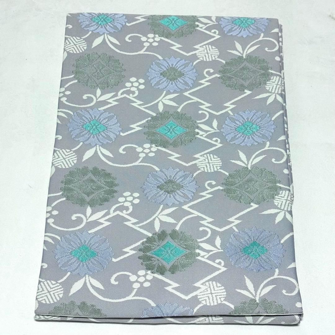 【名古屋帯】　青藤色　松皮菱　花菱　刺繍　笹蔓　正絹 爽やか　シック　お上品　K