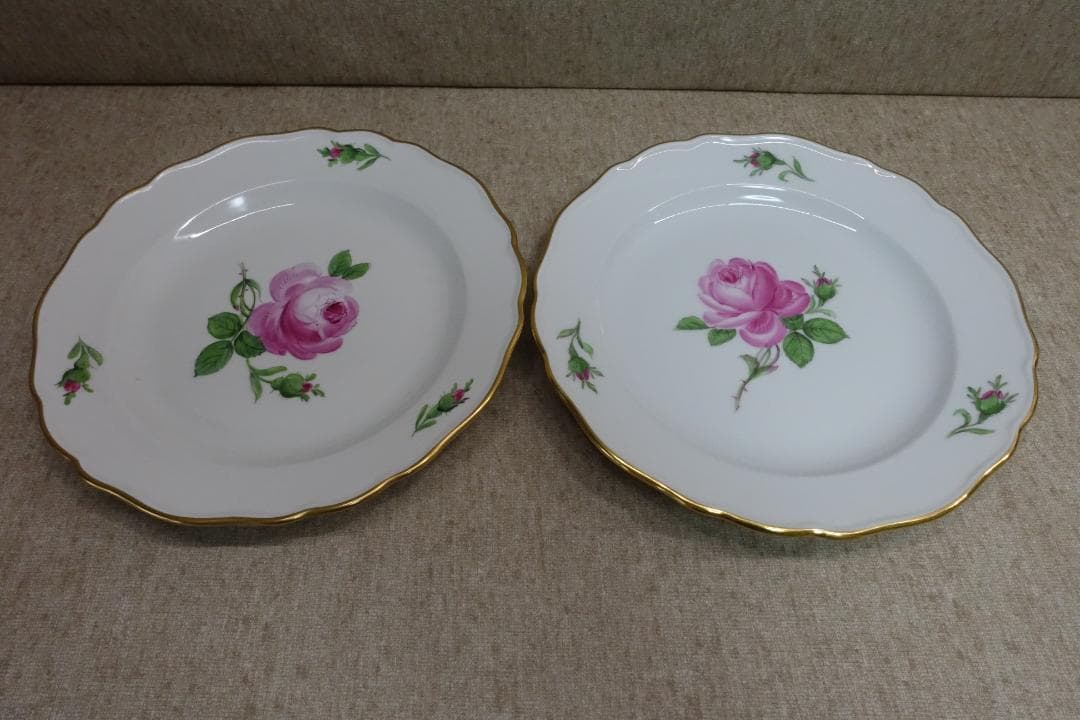 マイセン ピンクローズ 金彩プレート ペア スクラッチ