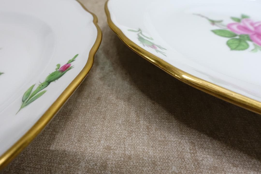 マイセン ピンクローズ 金彩プレート ペア スクラッチ