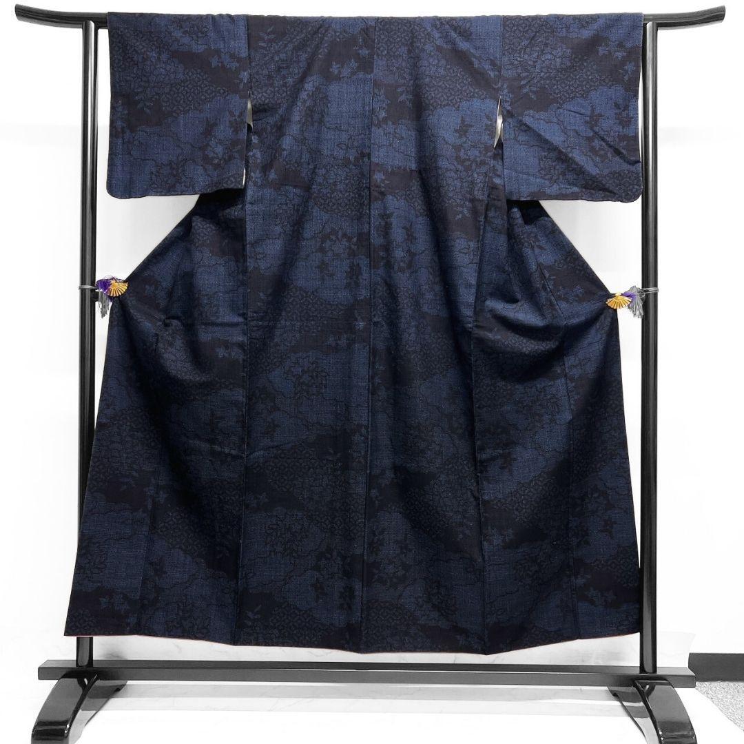 本場結城紬　雲　花模様　七宝　小紋　着物　033a p