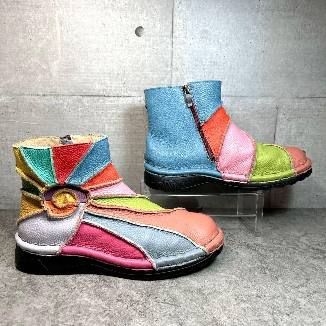 美品✨【エスタシオン】レザーショートブーツ/レインボー/厚底/コンフォート✨総柄