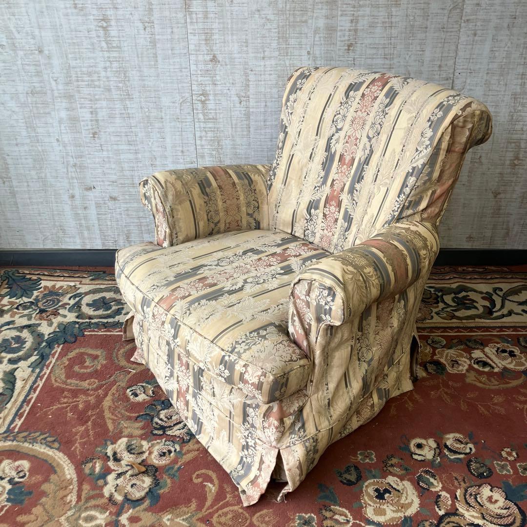 昭和レトロ コスガ家具 古家具 花柄ストライプ 一人掛けソファー アームチェア