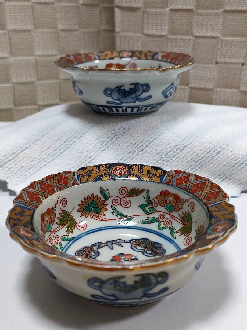 ●5124#0115　林九郎作 花型地紋金菊小付揃(共箱&栞付き)　1206