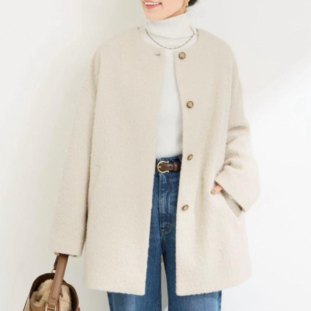 極美品 シンプリシテェ 24AW ブークレーノーカラーミドルコート ふんわり