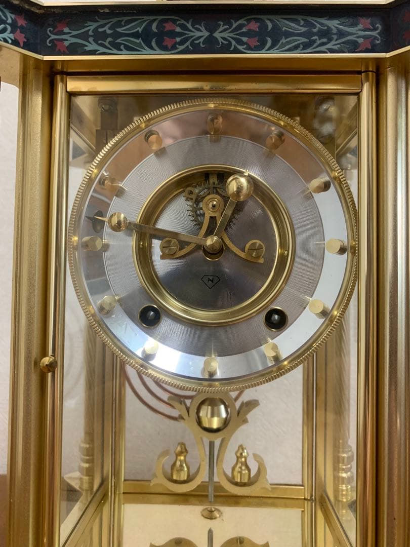 置時計 Nマーク 四面ガラス ゼンマイ式 振り子置時計 金属 日本美術時計