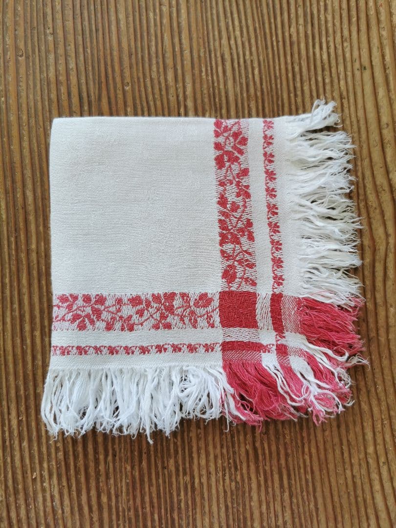 アンティーク フランス ダマスク織レッドリネンクロス 三つ葉のリーフモチーフ