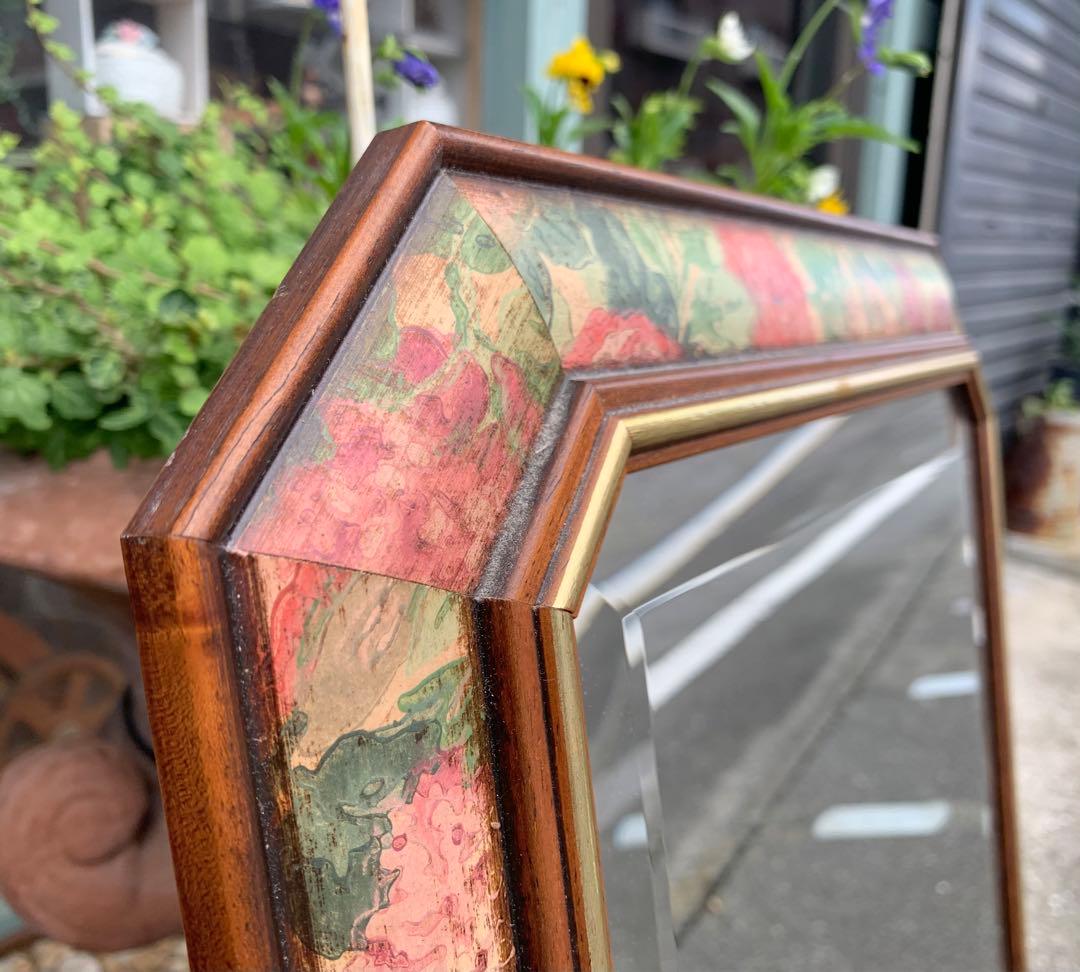 イタリア製 八角ミラー ウォールミラー 鏡 壁掛け 木製 花柄 面取り