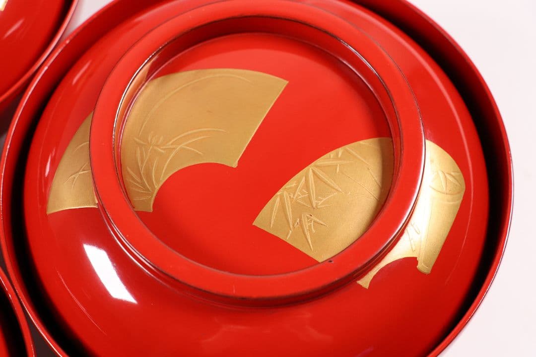 CK87 輪島塗 扇面四君子 金蒔絵 朱塗椀 三客 木製漆器 / 茶懐石 菓子椀