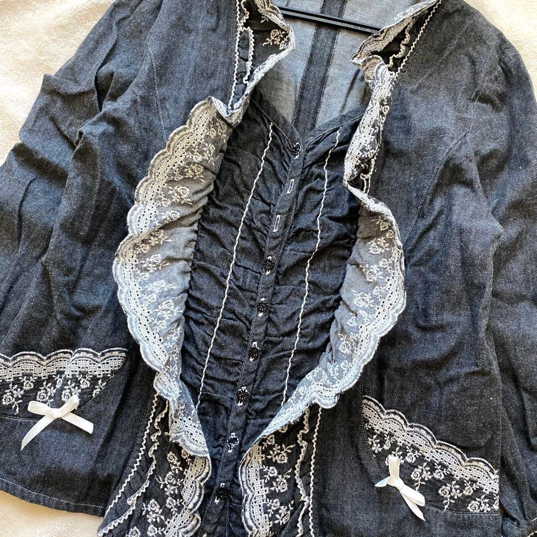 PINK HOUSE デニムトップス 重ね着風 フリル刺繍 リボン