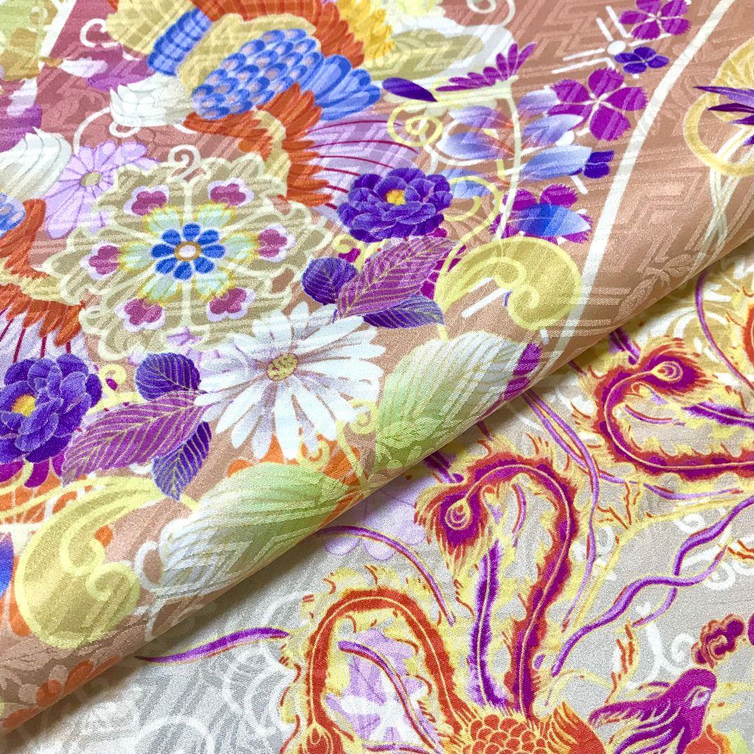 【袋帯】向鳳凰模様 　菊　花　モダン　正絹 成人式　美品　現代　洒落袋帯　紗綾型
