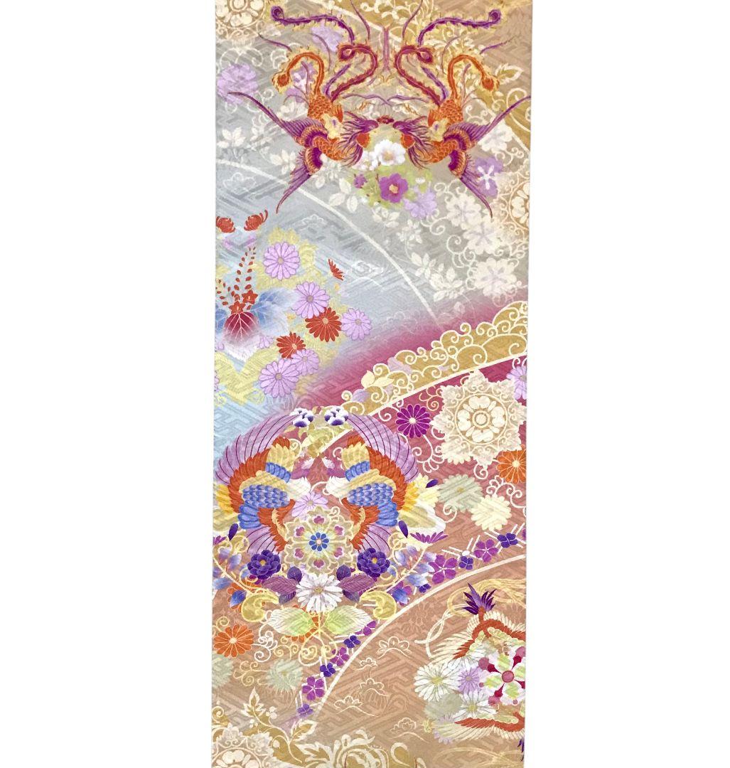 【袋帯】向鳳凰模様 　菊　花　モダン　正絹 成人式　美品　現代　洒落袋帯　紗綾型
