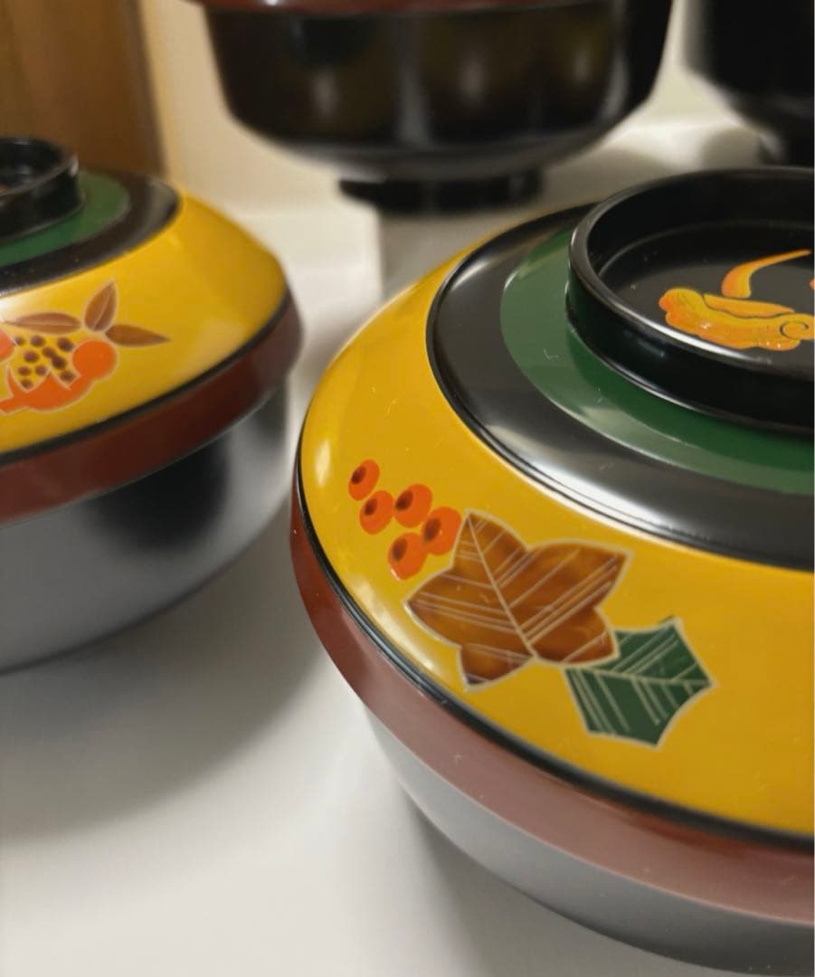 木製漆器　山人艸果蒔絵　煮物椀　山中塗　蓋付煮物椀五客揃い　アンティーク高級漆器