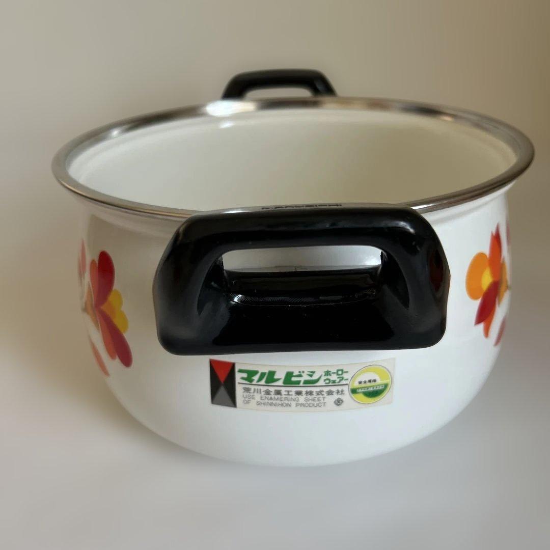未使用 マルビシ 昭和レトロ フラワー柄　ホーロー両手鍋