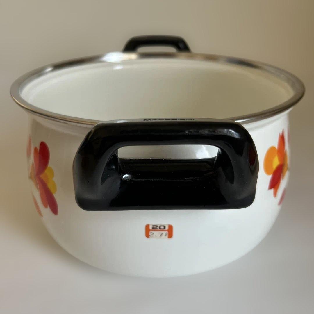 未使用 マルビシ 昭和レトロ フラワー柄　ホーロー両手鍋