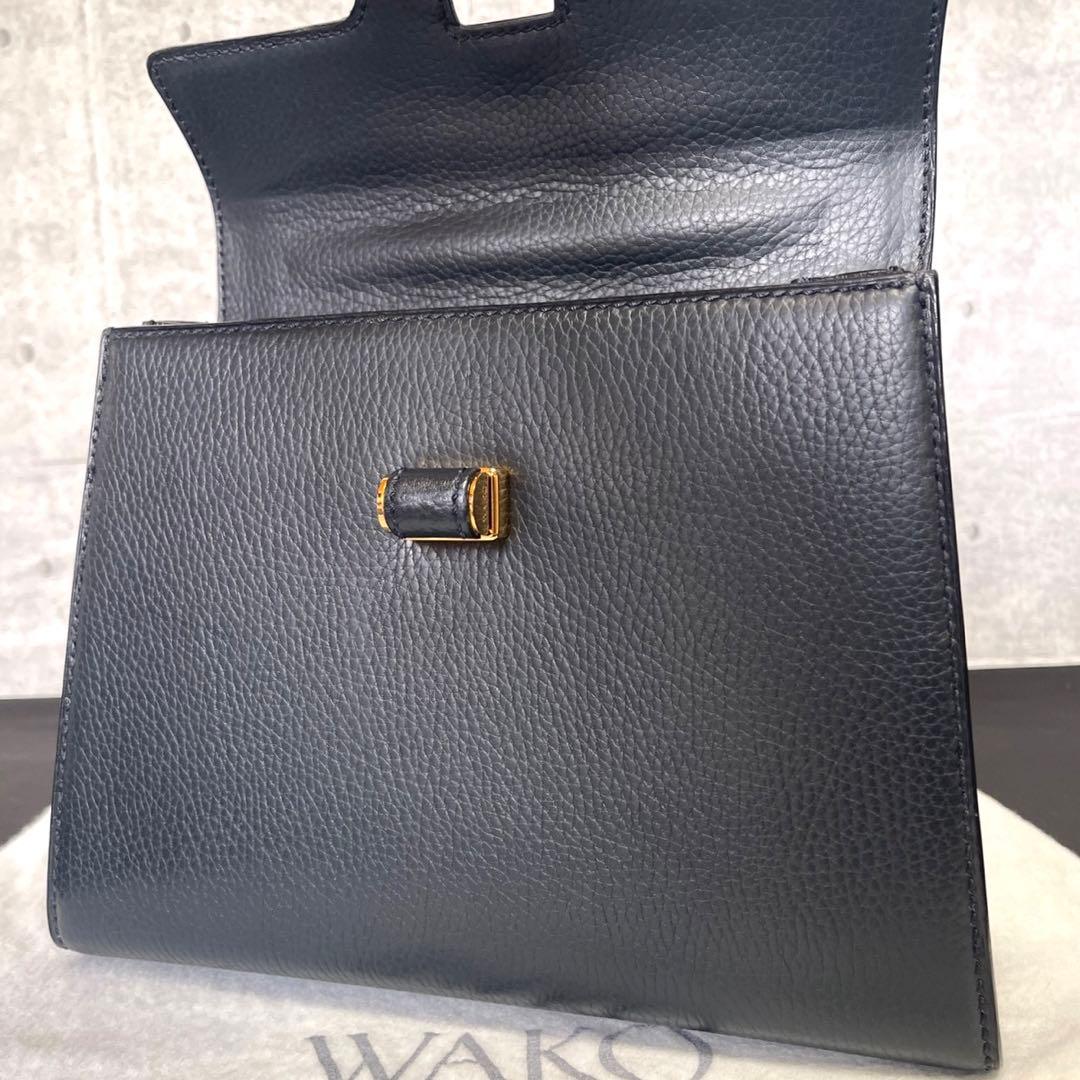 【新品同様タグ付き】WAKO 銀座和光 レザーネイビー ゴールド金具ハンドバッグ