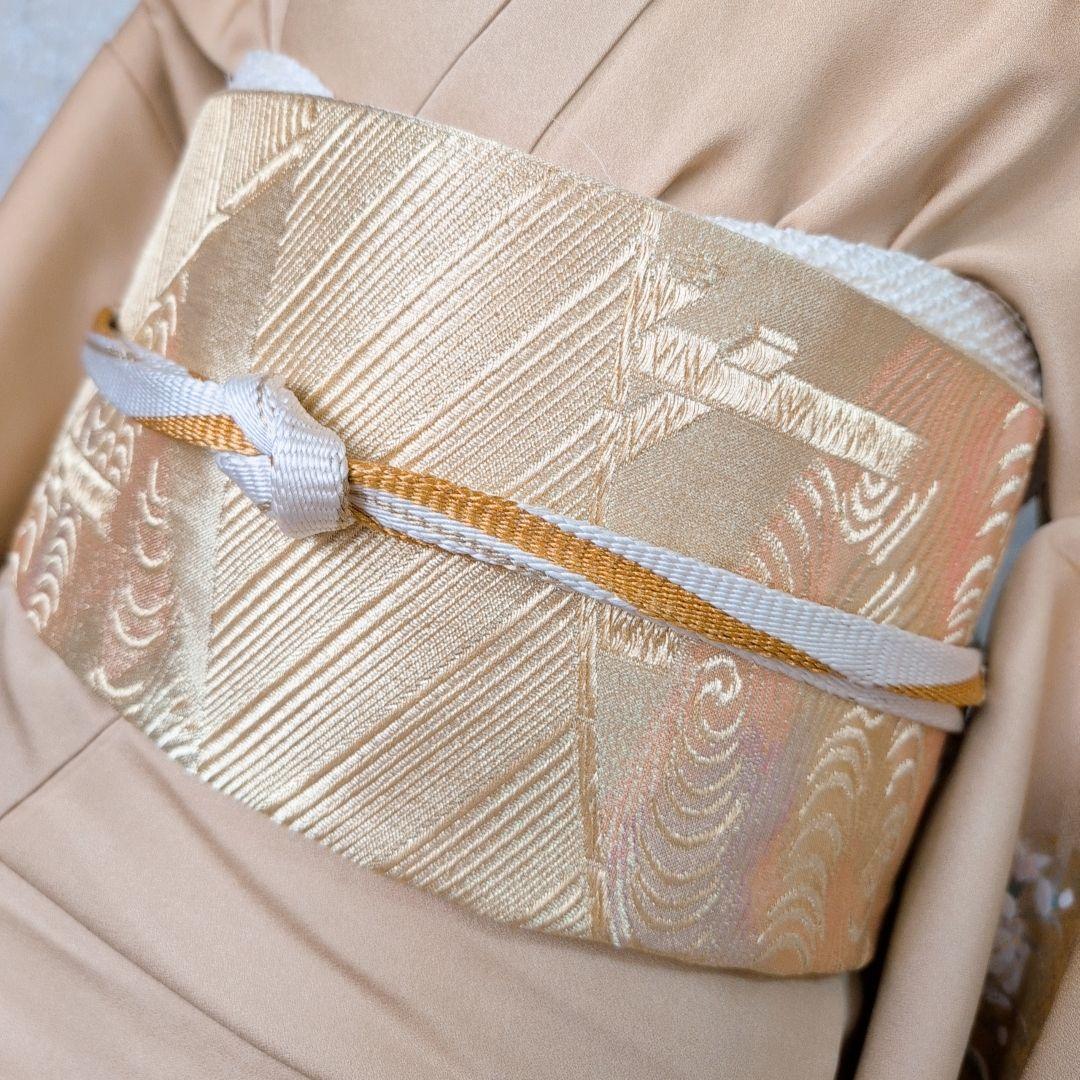 訪問着　フルセット　着物　正絹　ゴールドベージュ　Sサイズ　花　しつけ糸金　C1