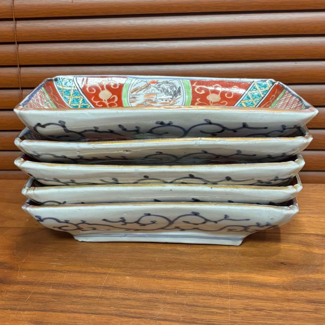 江戸時代　伊万里焼　赤絵　角皿　５枚　完品