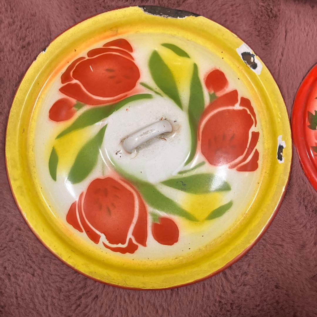 花柄ボウルセット 蓋付き 大中　ホーロー　アンティーク　ビンテージ