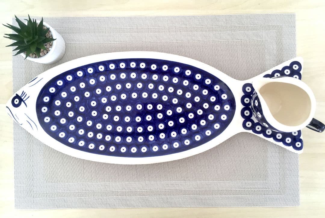 新品　ポーランド食器　魚大皿　ピーコックアイ　ソースポット　ポーリッシュポタリー