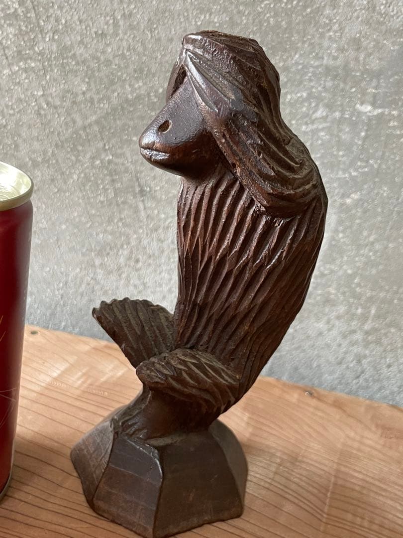 木彫り　さる　置物【m551 骨董　レトロ　見猿　モンキー　木工細工】