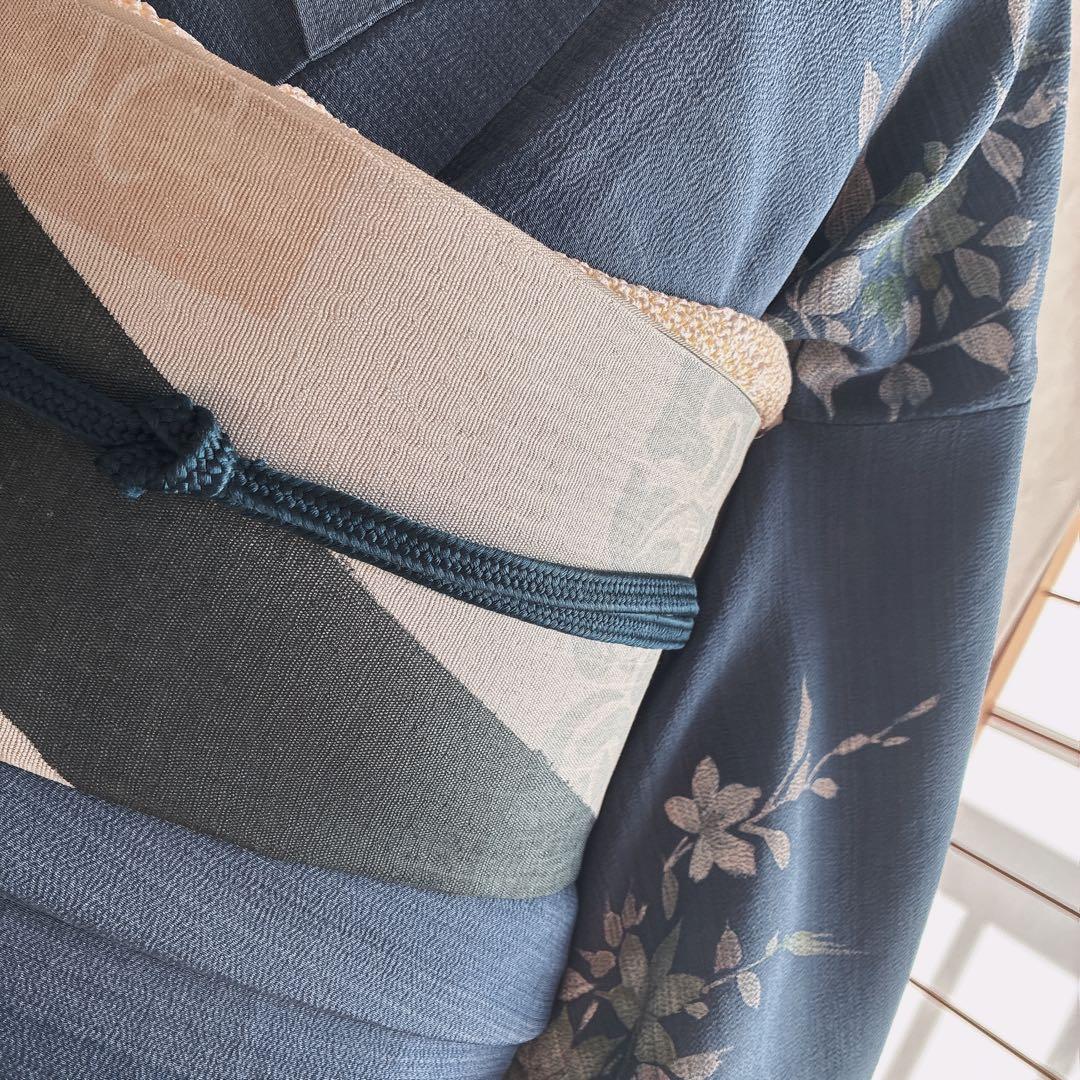 訪問着　フルセット　着物　正絹　紺色　ちりめん　凛やか草花　N3