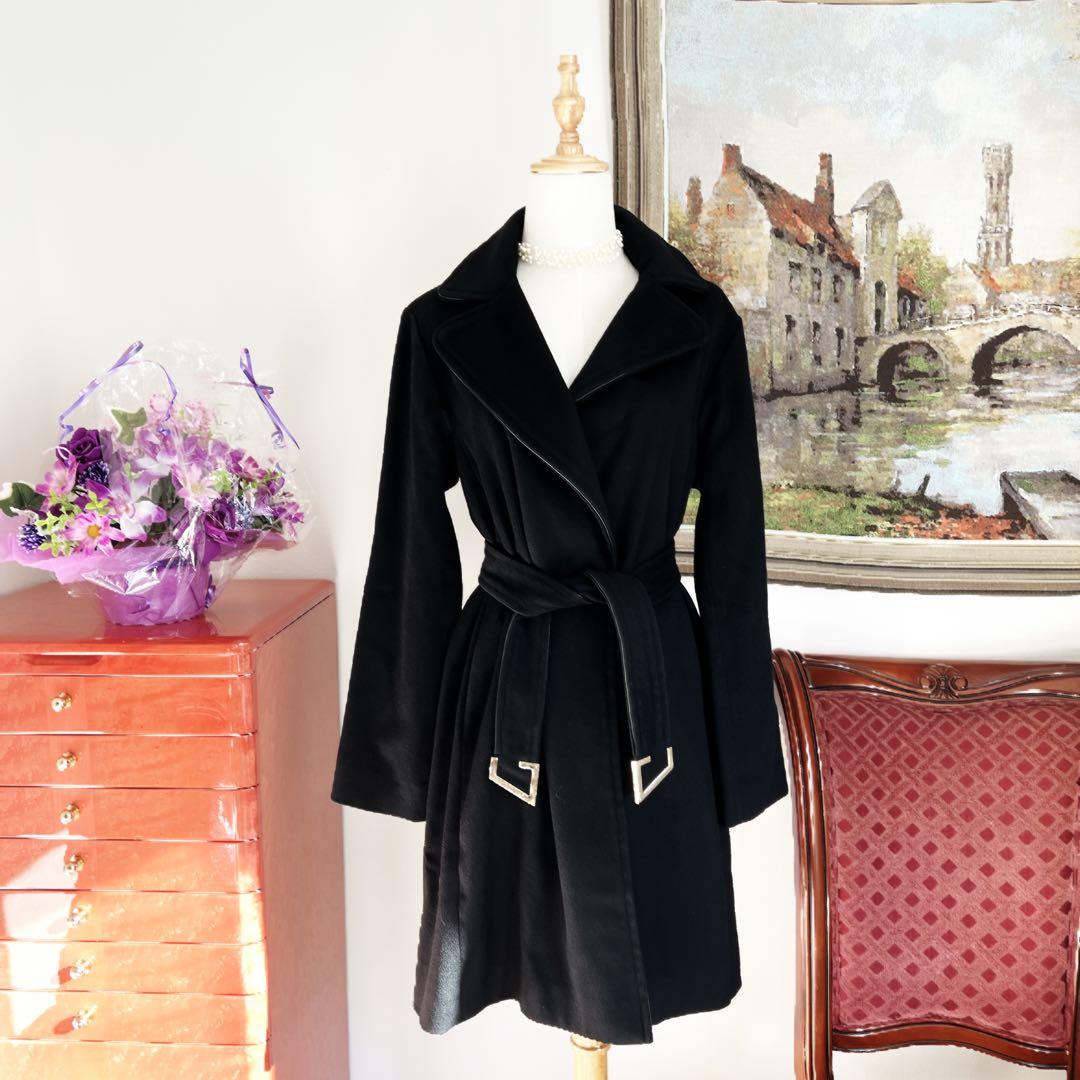 良品　GUCCI グッチ　女優襟　ラップ　コート レザートリミング ベルト付