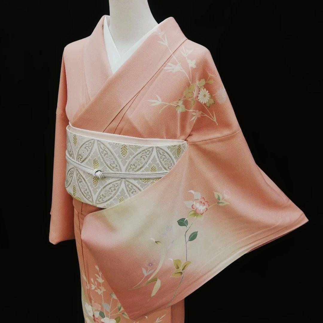 訪問着(袷)　(友禅四季の花紋様　トールサイズ裄69㌢　宍色系　一つ縫い紋)