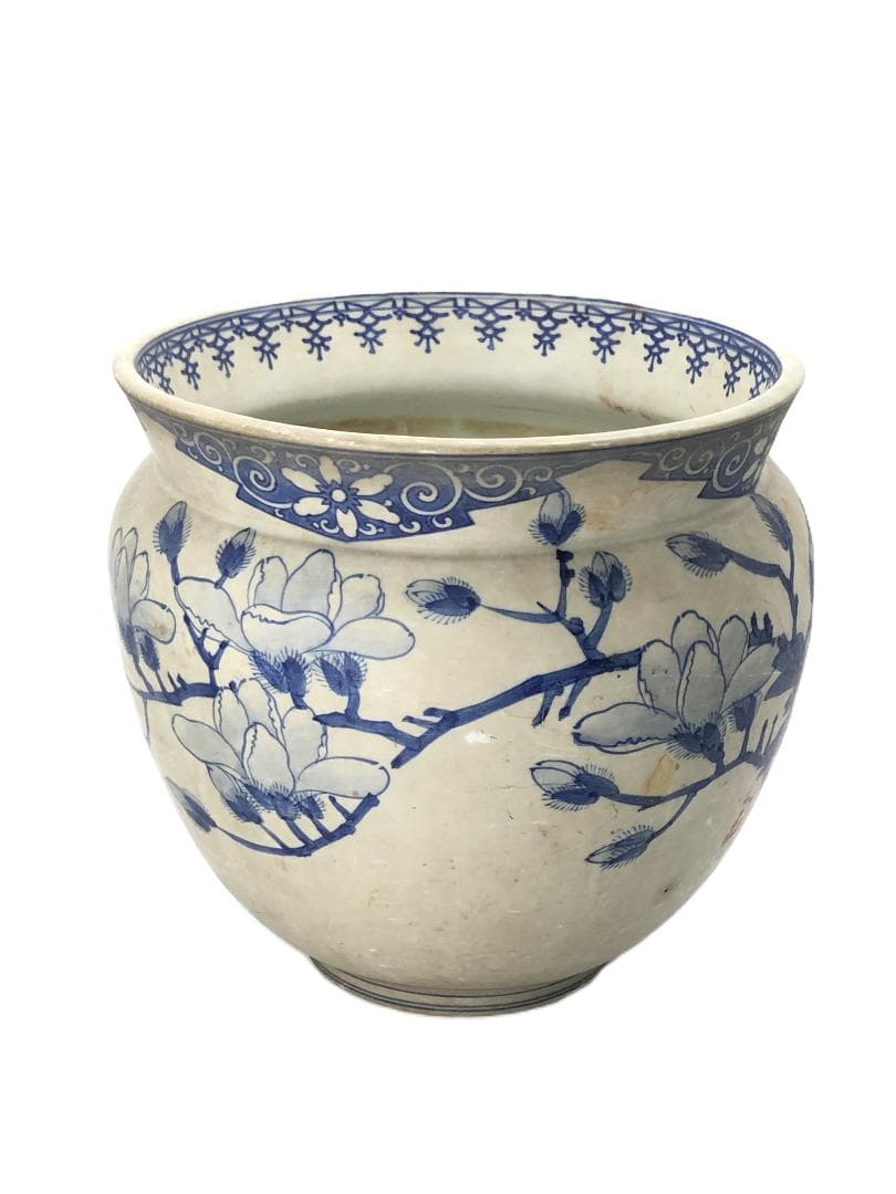 【 瀬戸染付草花文水鉢 】　目跡１０個　江戸期瀬戸焼