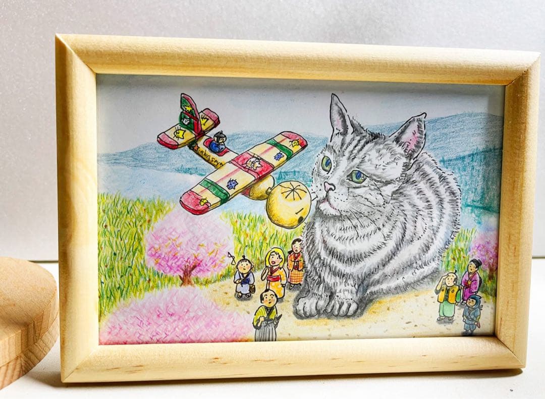 木製オリジナルこけし飛行機とオリジナル絵画（by ShuzSaya/絵本作家￼)