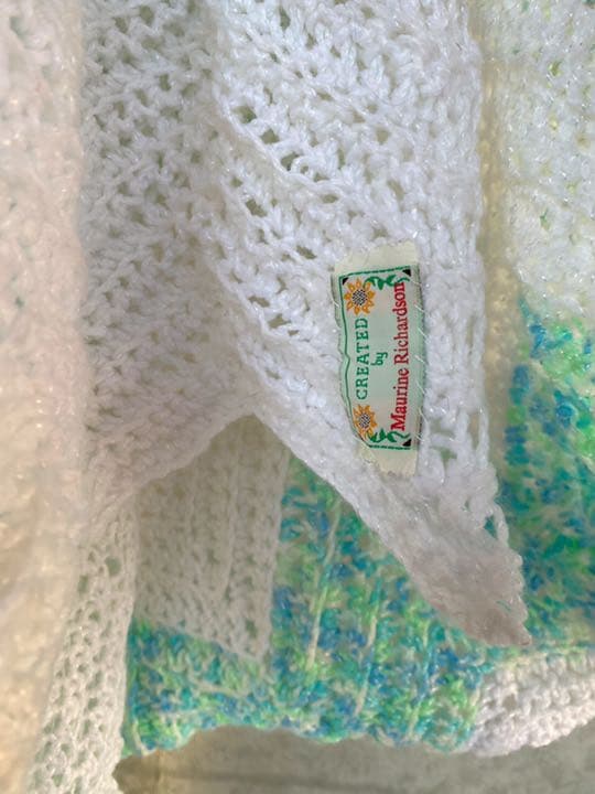 古着 ビンテージ 80s 白 緑 グラニー ブランケット キャンプ ラグ