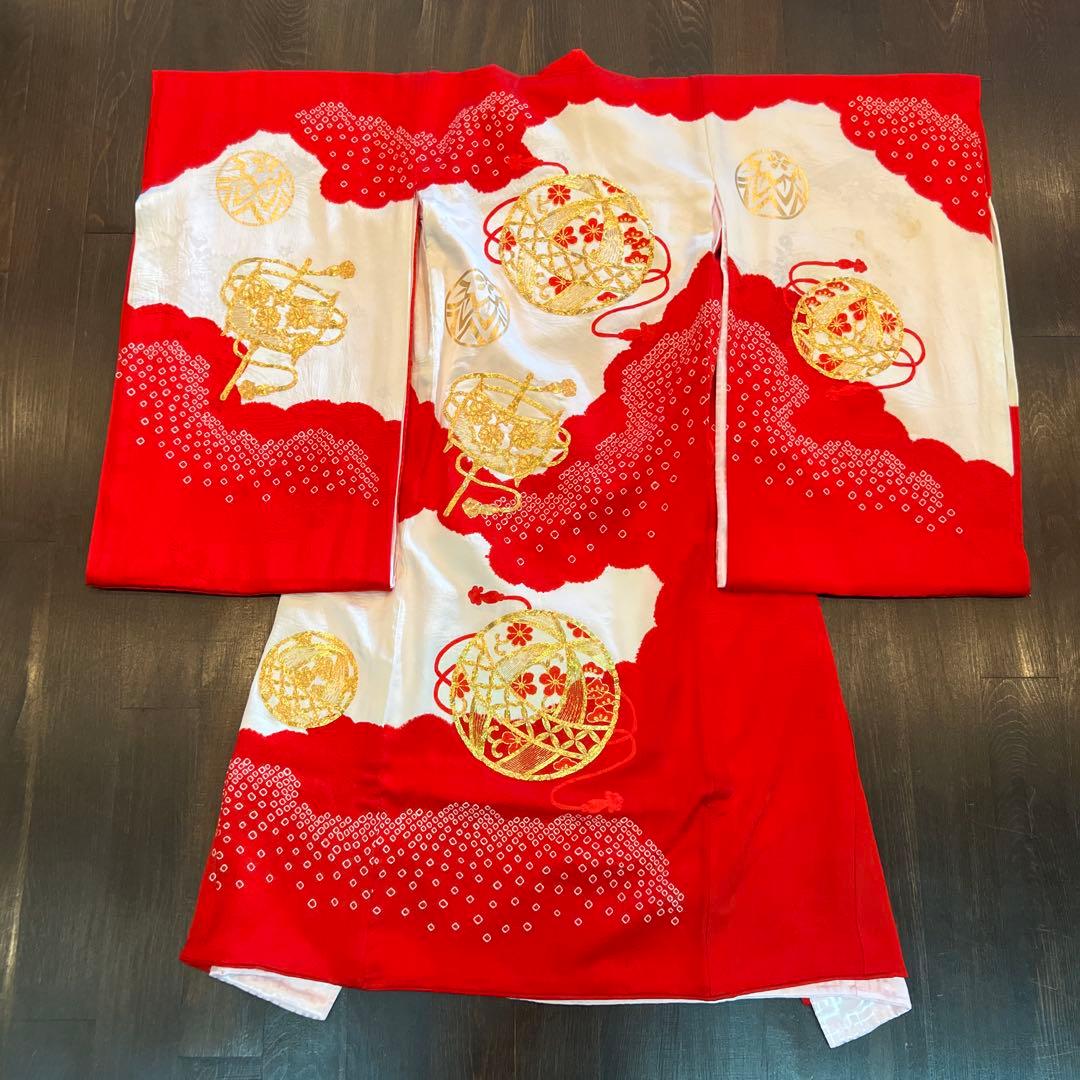 アンティーク 七五三 三歳 フルセット 着物 被布 小物一式 正絹 手鞠 赤