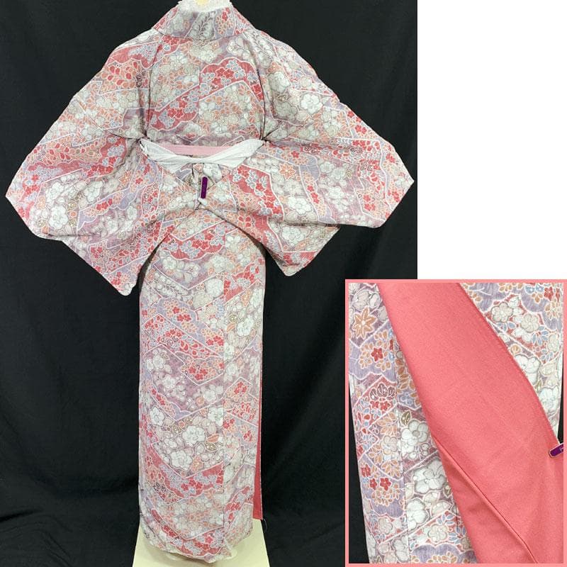 511mk83☆洗える着物！小紋 辻が花 椿 松菱 くすみ紫×濃いピンク☆美品