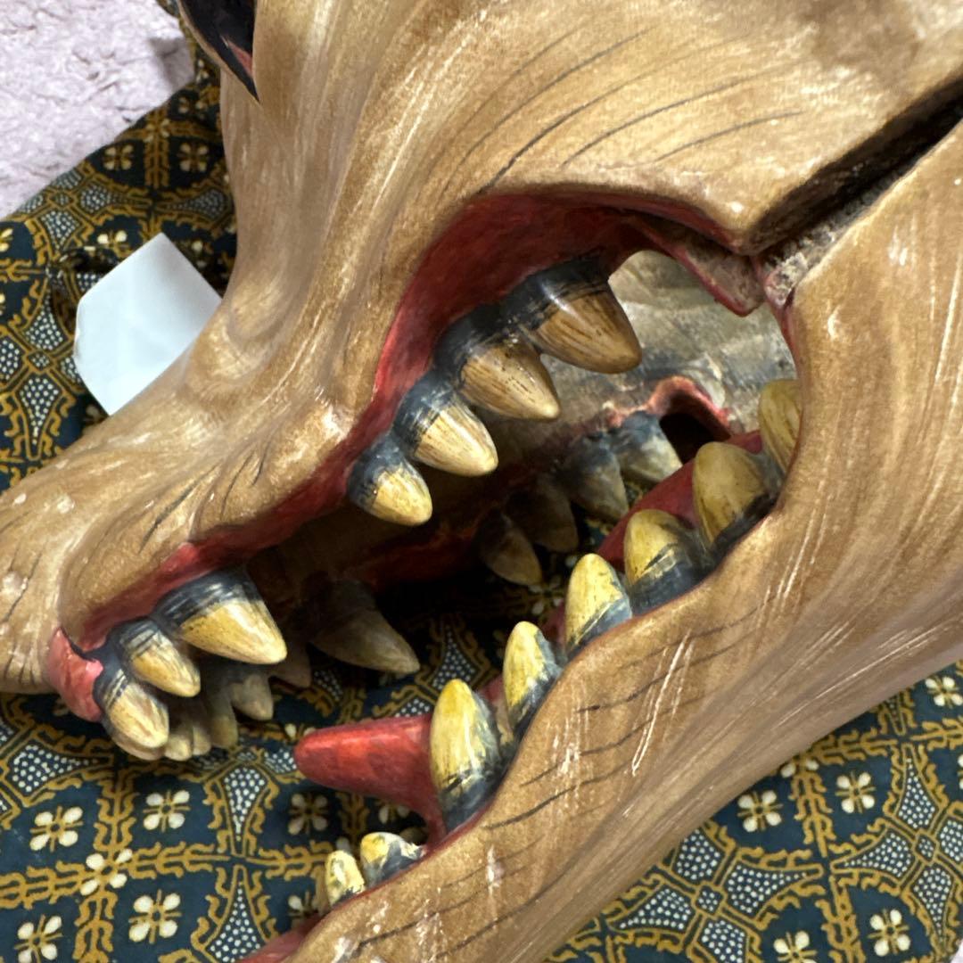 木製犬面 能面 伝統的装飾付き　狐