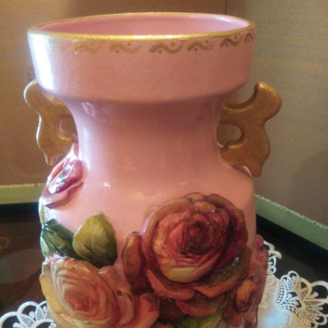 デコパージュ 作家 花瓶 特大 バラ ピンク ゴールド
