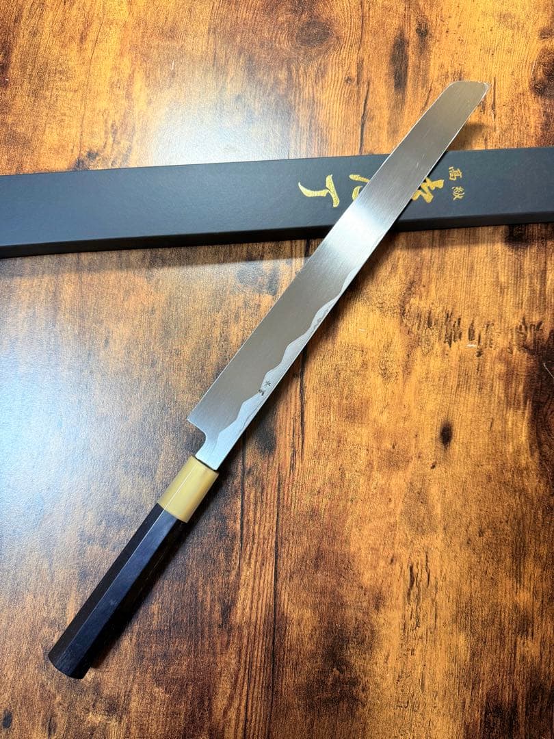 森本光一作　刺身 先丸　青ニ鋼 墨流し　尺一寸　黒檀八角水牛柄