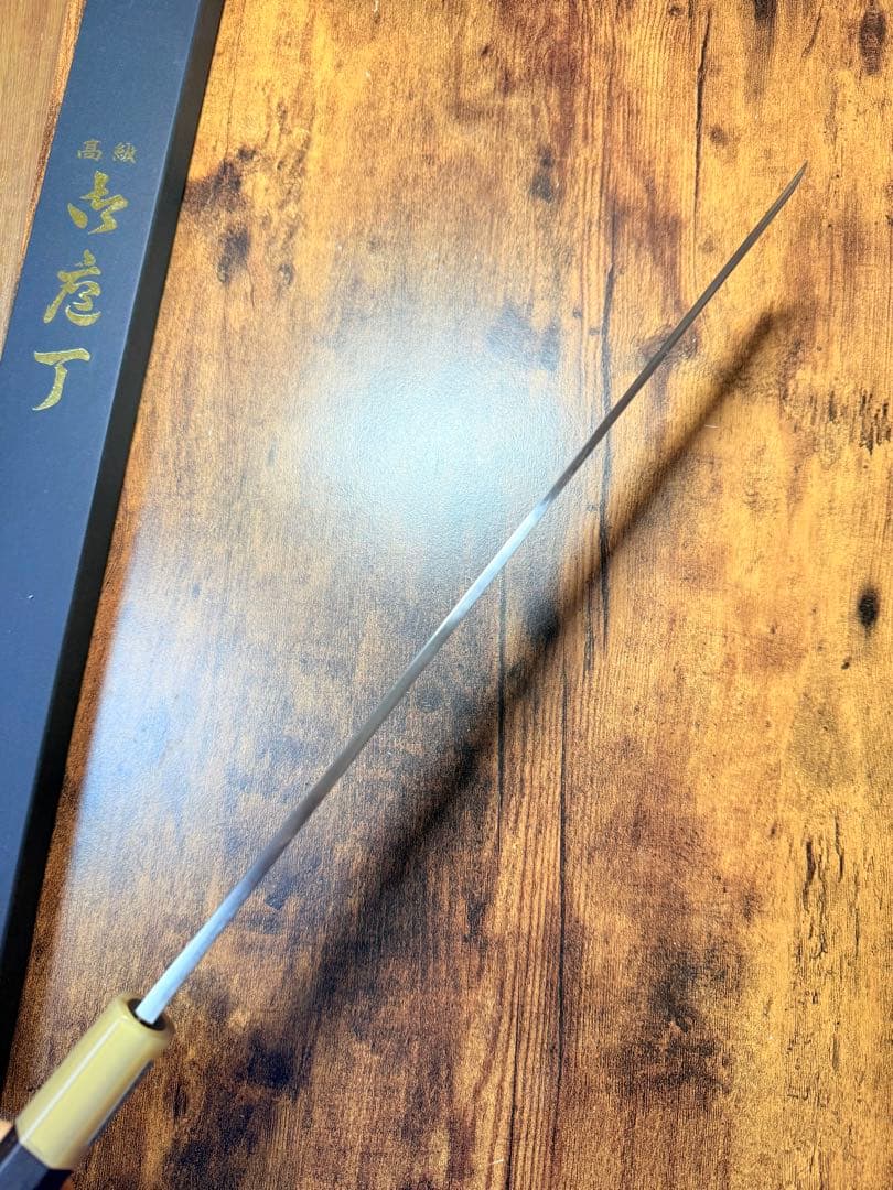 森本光一作　刺身 先丸　青ニ鋼 墨流し　尺一寸　黒檀八角水牛柄