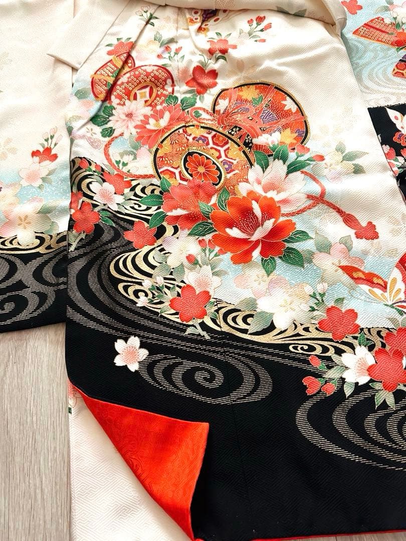 美品 七五三 7歳向け 正絹振袖＋袋帯セット 豪華金彩刺繍入り 古典柄 お祝い用