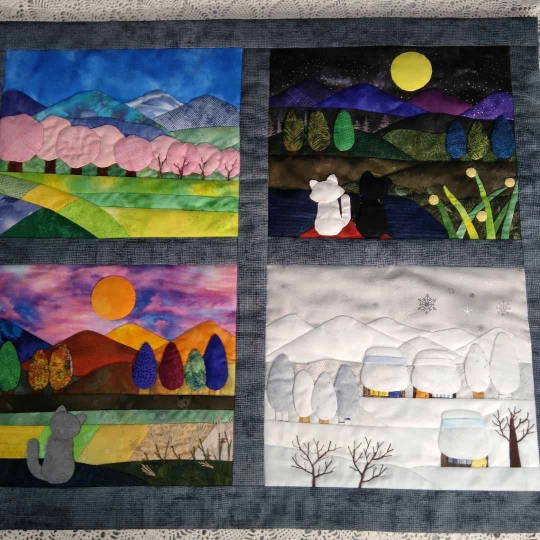 四季の風景タペストリー・古民家と猫たち・パッチワークキルト62×54